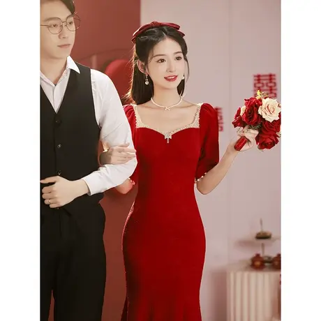 敬酒服新娘2023新款女夏季红色订婚礼服法式高级感修身鱼尾中长款商品大图
