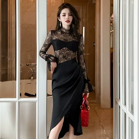 性感修身不规则蕾丝礼服裙轻奢小众高端赫本风洋气显瘦减龄连衣裙商品大图