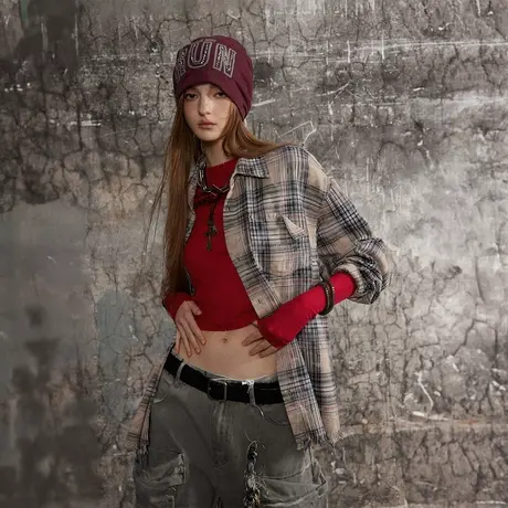 潮牌设计感毛边格子衬衫女2024春季新款美式复古宽松oversize衬衣图片