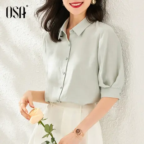 OSA薄荷绿衬衫女夏季2021年新款宽松休闲灯笼袖衬衣复古上衣薄款商品大图
