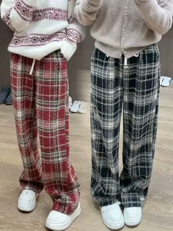红色格子裤女早春高腰垂感外穿棉裤复古毛呢直筒休闲裤加绒阔腿裤图片