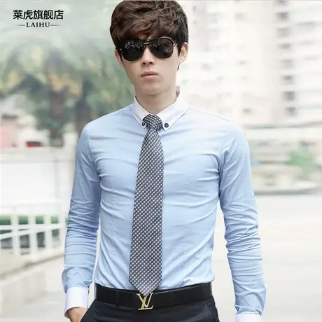 莱虎新款男士长袖衬衫韩版修身时尚休闲衬衣商务男拼色衬衫潮男装商品大图