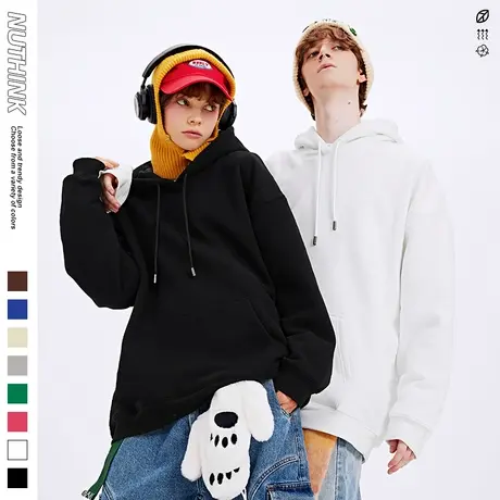 美式潮流vibe简约卫衣男潮潮牌纯色帽衫加肥加大加绒加厚情侣外套商品大图