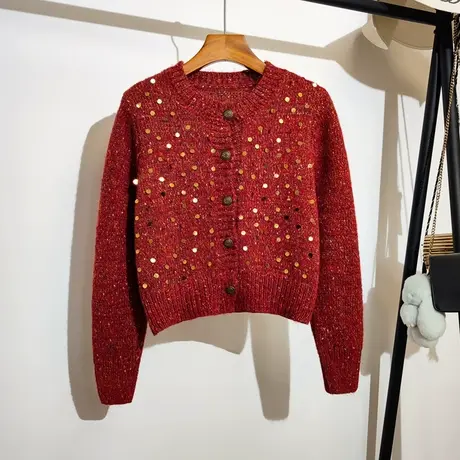 新年穿搭红色毛衣开衫女2024春装新款韩版圆领短款针织衫上衣外套图片