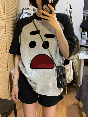 撞色插肩夏季短袖t恤女美式复古ins潮2023新款宽松百搭半袖上衣服商品大图