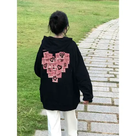 爱心港风chic卫衣女宽松慵懒风设计感小众秋冬加绒加厚连帽上衣潮商品大图