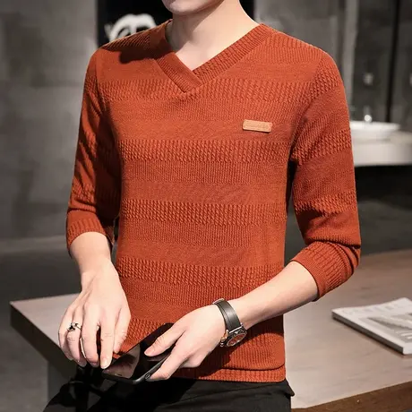 高端冰丝针织衫男春秋季新款V领长袖T恤男装打底衫体恤大码潮上衣商品大图