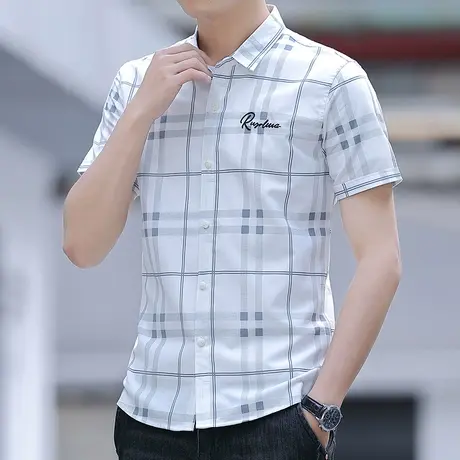 衬衫男短袖夏季冰丝半袖衬衣高级感商务正装免烫格子条纹寸衫新款商品大图