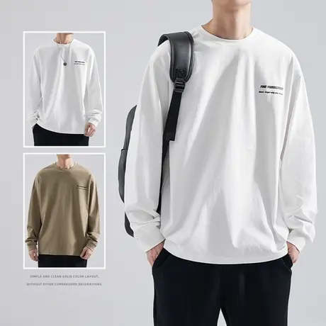 hansca 260g重磅美式字母印花长袖t恤男纯棉圆领宽松休闲内搭上衣商品大图