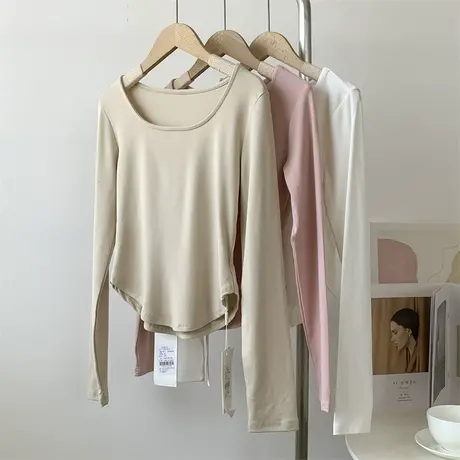 柔软糯糯短款方领长袖T恤打底衫女秋季高腰显瘦纯色瑜伽服舞蹈服图片