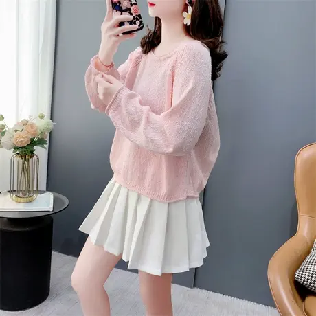 韩系圆领卷边冰丝圆领针织衫女套头2024新款春夏宽松百搭显瘦上衣图片