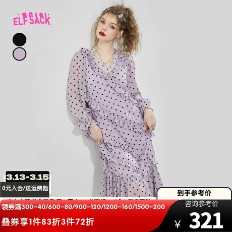 妖精的口袋法式波点雪纺连衣裙女2024春秋款长袖v领宽松显瘦裙子商品大图