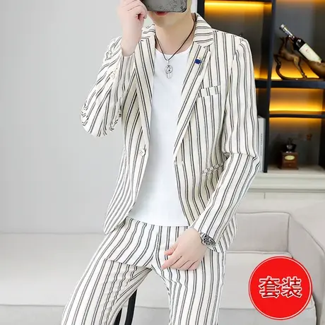 条纹小西服一套装男士潮流韩版时尚礼服发型师修身帅气西装三件套商品大图