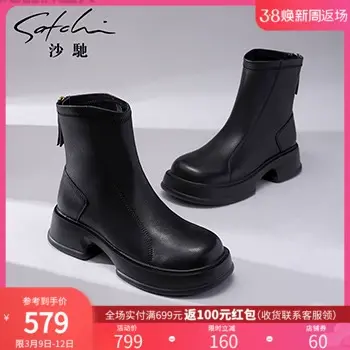 沙驰女鞋舒适短靴女2023年冬季新款复古瘦瘦靴潮厚底弹力靴休闲靴图片