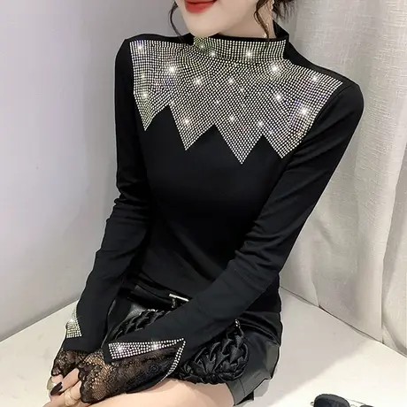 半高领打底衫女秋冬保暖加厚气质蕾丝拼接上衣设计感烫钻长袖T恤商品大图