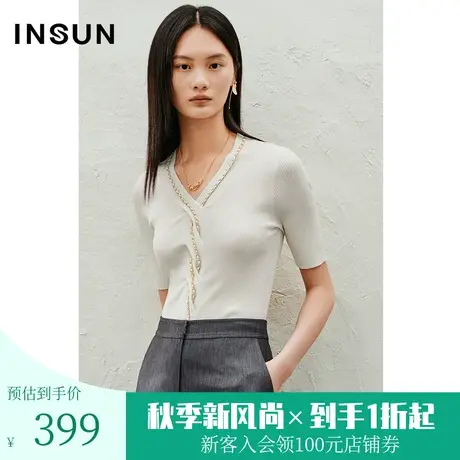 恩裳2023夏款新款简约V领抽条麻花交织知性冰丝针织上衣商品大图