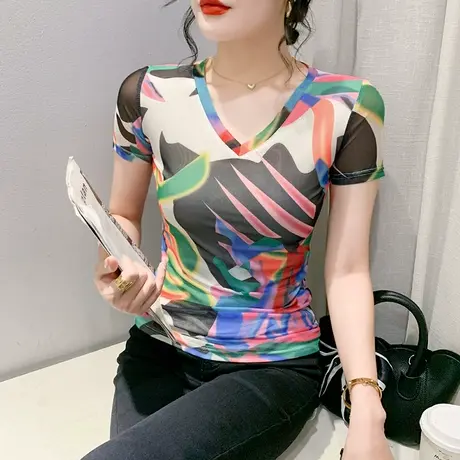 欧货拼色印花上衣女短袖2023夏装新款气质性感V领T恤修身网纱雄狮商品大图