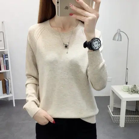 春秋新款圆领长袖宽松针织打底衫女士上衣纯色套头毛衣女短款内搭商品大图