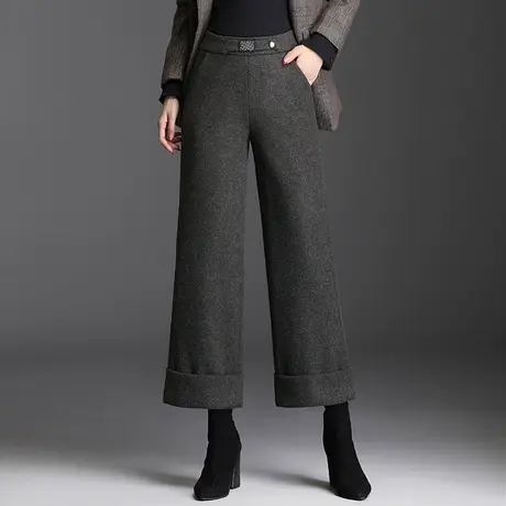毛呢松紧腰九分阔腿裤2023秋冬新款高腰显瘦大码中年妈妈百搭裤子商品大图