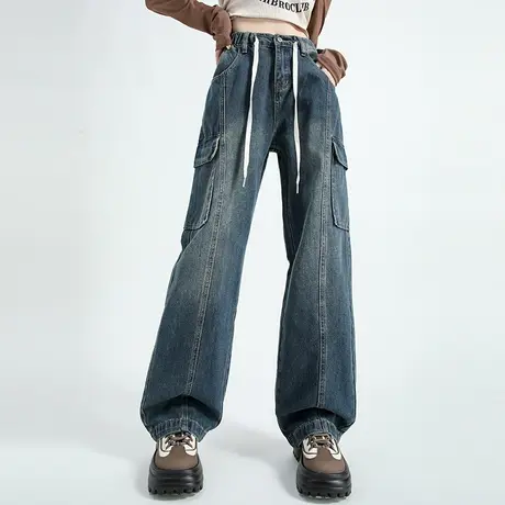 高腰加长阔腿牛仔裤女2023年新款拖地裤垂感高级感工装宽松直筒裤商品大图