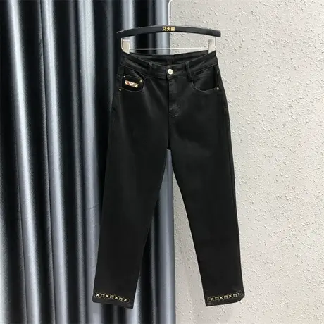 港味刺绣小脚烟管裤女2023秋季新款显瘦高腰个性贴标牛仔直筒裤潮图片