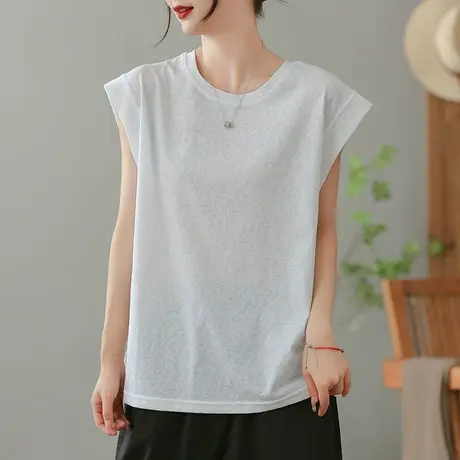 dza白色纯棉短袖T恤女2023夏季薄款圆领打底体恤宽松显瘦套头上衣商品大图