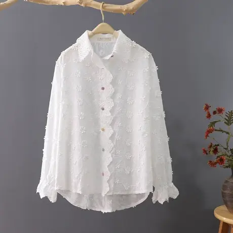 3D立体刺绣上衣2023春秋新品打底衫喇叭袖衬衫前短后长白色衬衣图片