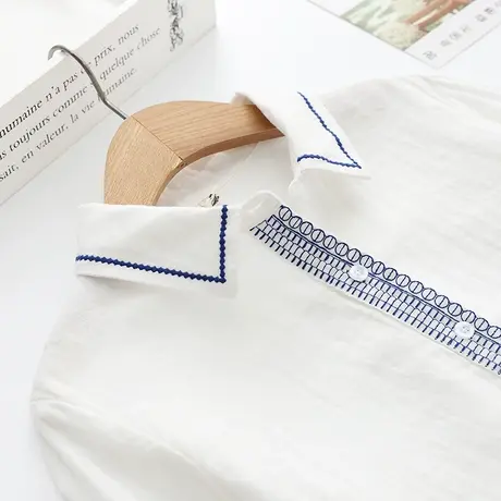 秋季学院风文艺纯棉刺绣森系花边翻领双层棉纱衬衫女白色学生上衣商品大图