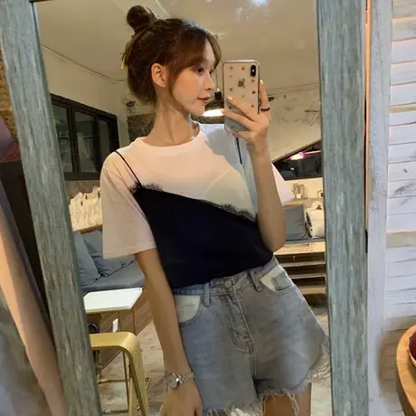 chic港味短袖t恤女夏季纯棉设计感小众宽松韩版假两件上衣服ins潮商品大图