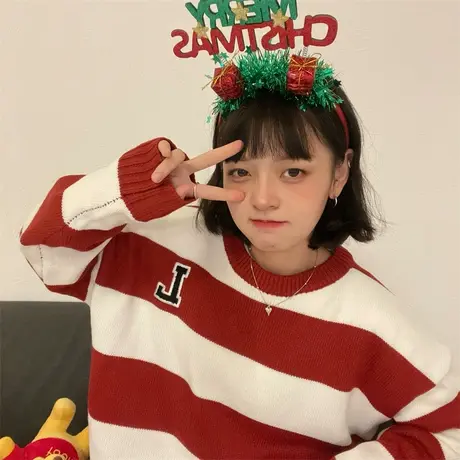 红续刺绣字母红色条纹毛衣女日系复古慵懒风加厚针织衫秋冬新款图片