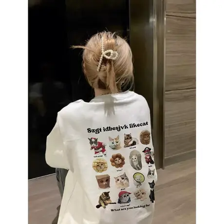 纯棉设计感猫咪印花短袖t恤女夏季2023新款港味chic宽松半袖上衣商品大图