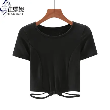 夏季新款韩版圆领短款抽绳修身纯欲高腰性感短袖体恤上衣内搭女装商品大图