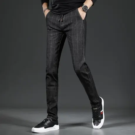 黑色牛仔裤男秋季2023新款修身小脚格子系绳潮流男士休闲裤子春秋商品大图