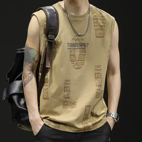 纯棉t恤背心男夏季印花坎肩男士无袖跨栏运动健身篮球男款大码潮图片