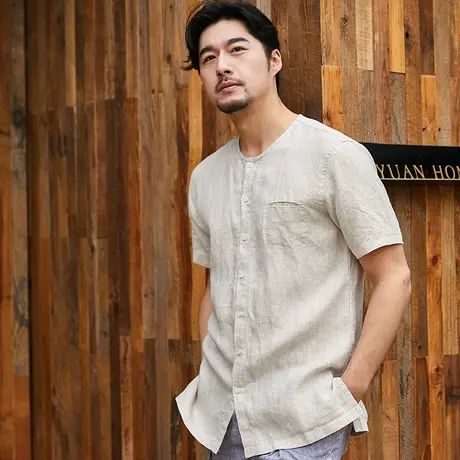亚麻衬衫男短袖宽松薄款圆领夏季休闲棉麻衬衣半袖麻料男士上衣图片
