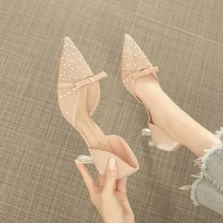 2021年夏新款名媛高跟鞋女细跟杏色网纱气质韩版性感包头中空凉鞋图片