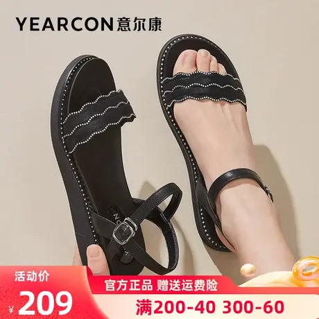 意尔康凉鞋女2023年夏季新款中跟坡跟女款平底配裙子一字带仙女风图片