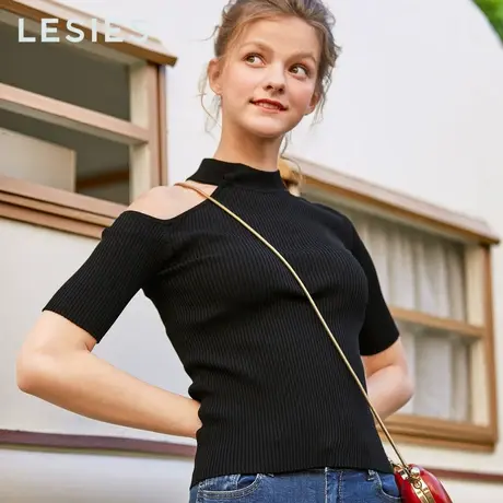 蓝色倾情春秋季女装新款 针织衫女薄款露肩修身弹力短袖打底上衣图片