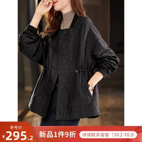 宝诗黎方领抽绳收腰纯色格纹短外套2023秋季新款宽松休闲开衫上衣商品大图