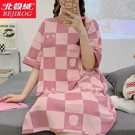 北极绒睡裙女学生宽松大码夏季薄款长T恤圆领学生女生睡衣家居服商品大图