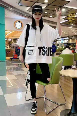 2023年新款夏季宽松慵懒风连帽短袖T恤女中长款欧货大版半袖上衣商品大图