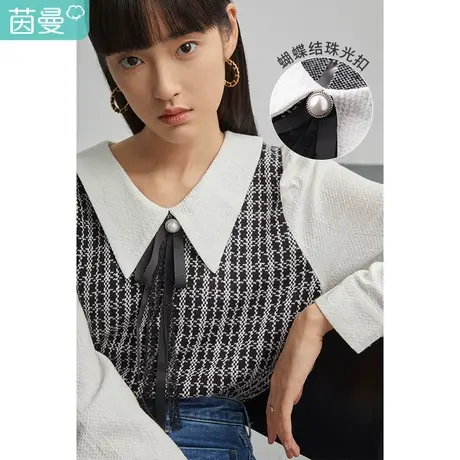 茵曼特价清仓2023春装尖领设计千鸟格优雅系带蝴蝶结套头毛衣女图片
