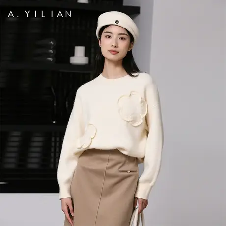 阿依莲商场同款2023新款美洋时尚趣味毛织衫冬季女立体花朵针织衫图片