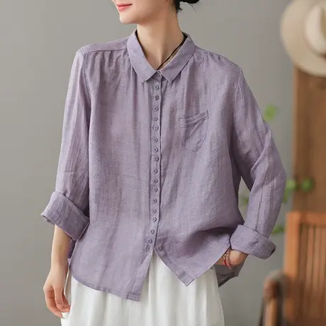 dza 复古苎麻女士衬衫2023夏季薄款长袖衬衣气质漂亮棉麻开衫上衣图片