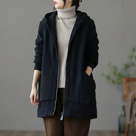 dza 文艺复古连帽中长款厚外套女士新款秋冬保暖外搭宽松休闲上衣图片