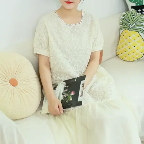 胖妹妹夏季2023新品刺绣拼接连衣裙 大码微胖荷叶袖圆领宽松长裙商品大图