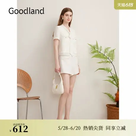 Goodland美地女装夏季小香风时尚钉珠装饰拼接高腰休闲短裤商品大图