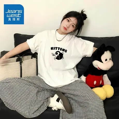 KMV真维斯白色纯棉短袖t恤女夏季2025新款宽松慵懒风休闲上衣体恤商品大图