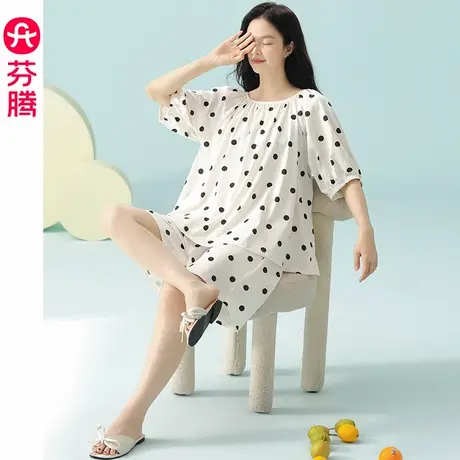 芬腾睡衣女士夏季纯棉短袖短裤薄款波点可外穿大码家居服夏天套装商品大图