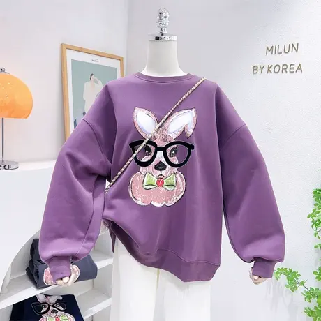 韩系慵懒风摇粒绒上衣22秋冬款ins兔子加厚圆领卫衣外套宽松大码商品大图